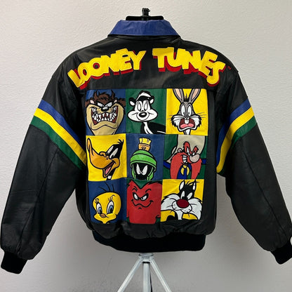 Vintage 90s Looney Tunes Leather Bomber Jacket 1997 Warner Bros Black L Large