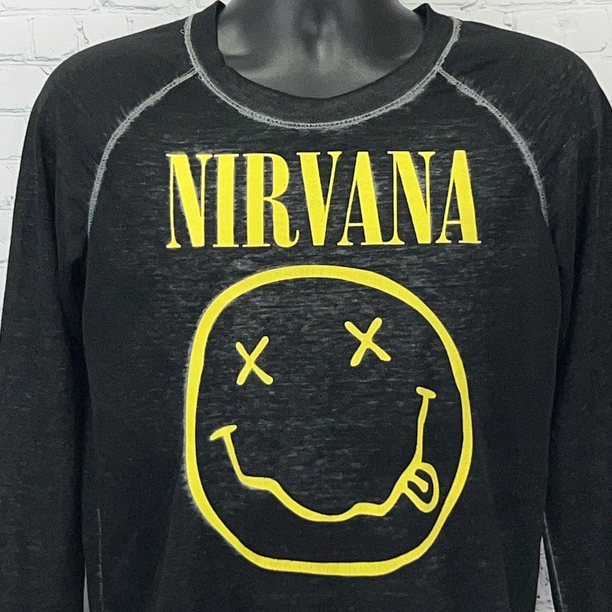 Nirvana Happy Face Band Burnout Long Sleeve T-Shirt Raglan Black Womens S Small