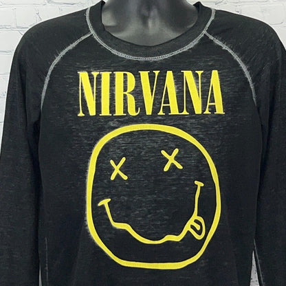 Nirvana Happy Face Band Burnout Long Sleeve T-Shirt Raglan Black Womens S Small