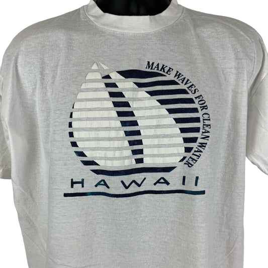 Make Waves For Clean Water Hawaii Vintage 80s T Shirt Large Sailing Mens White