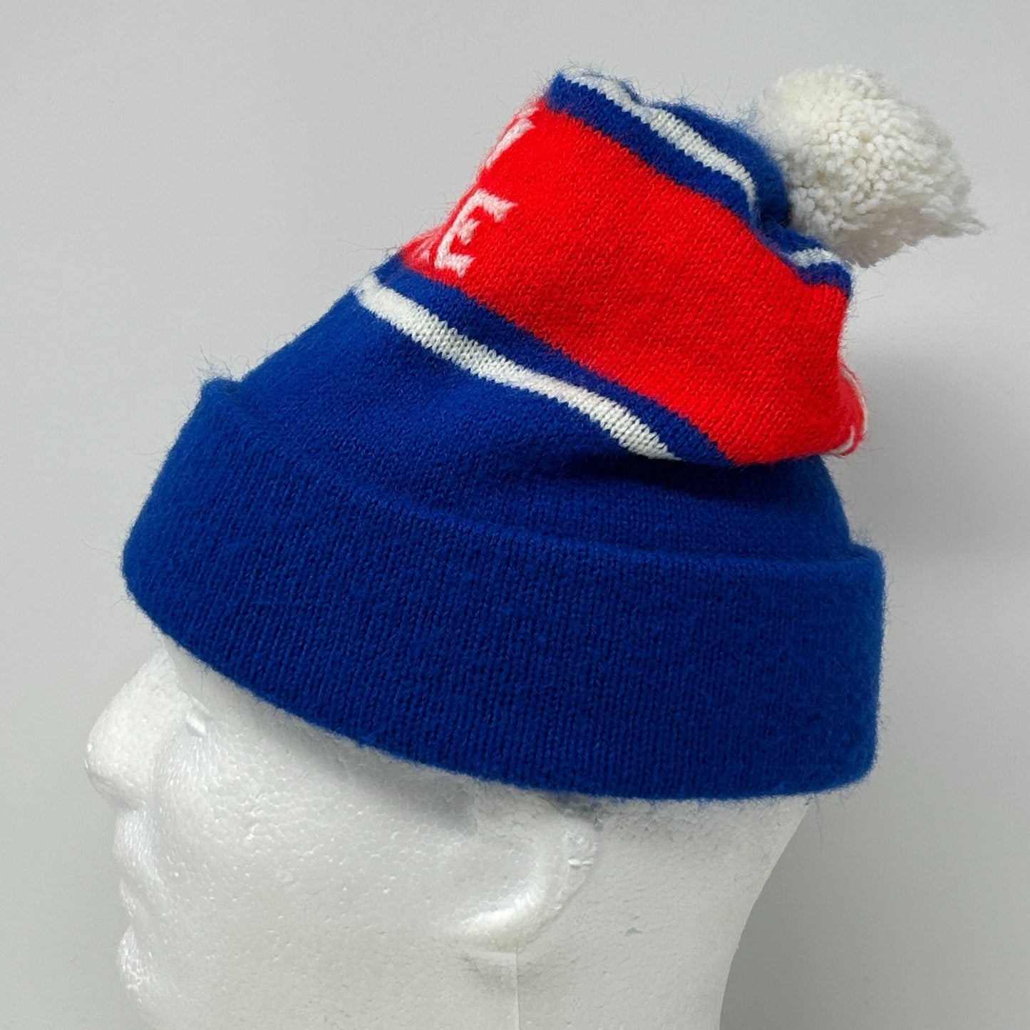 Vintage Old Style Beer Cuffed Pom Pom Beanie Toque Winter Hat Blue Breweriana