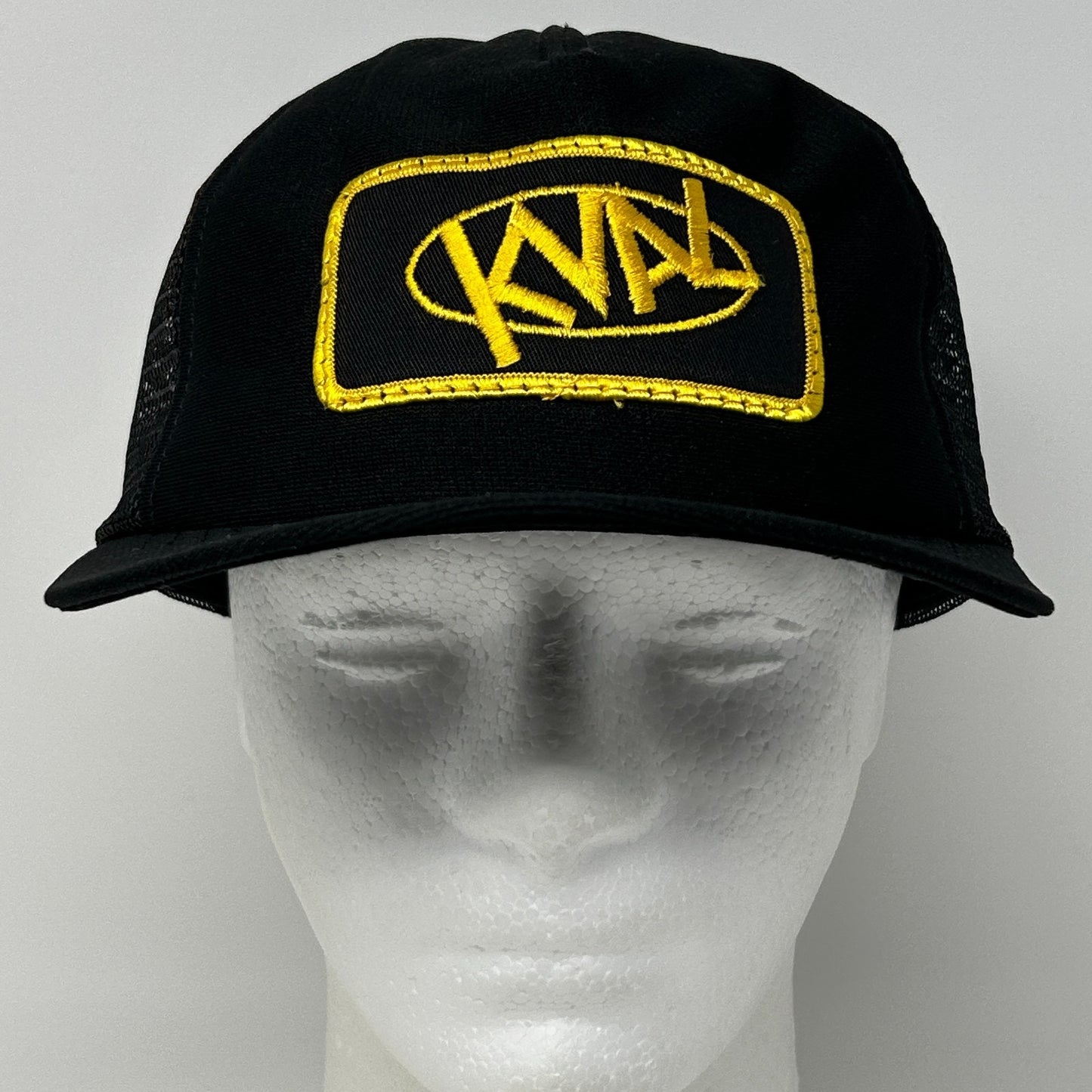 Vintage 80s KVAL Patch Trucker Hat Baseball Cap Made In USA Mesh Snapback Black