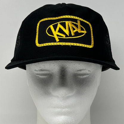Vintage 80s KVAL Patch Trucker Hat Baseball Cap Made In USA Mesh Snapback Black