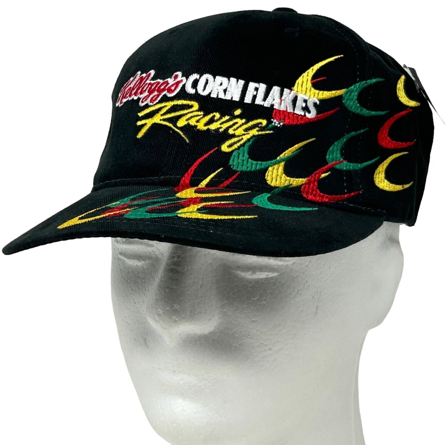 Gorra de béisbol vintage de NASCAR con diseño de Kellogg's Corn Flakes Racing de los años 90, color negro