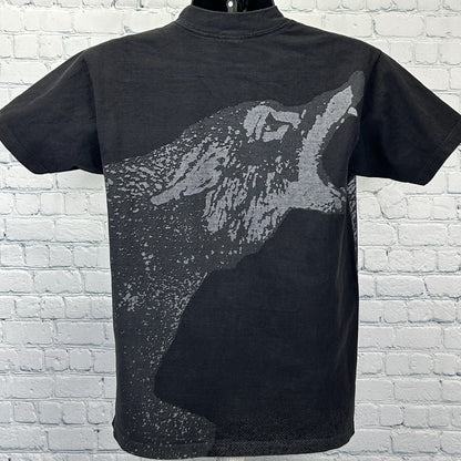 Vintage 90s American Brave T Shirt Native Indian Wolf Black Graphic Tee M Medium