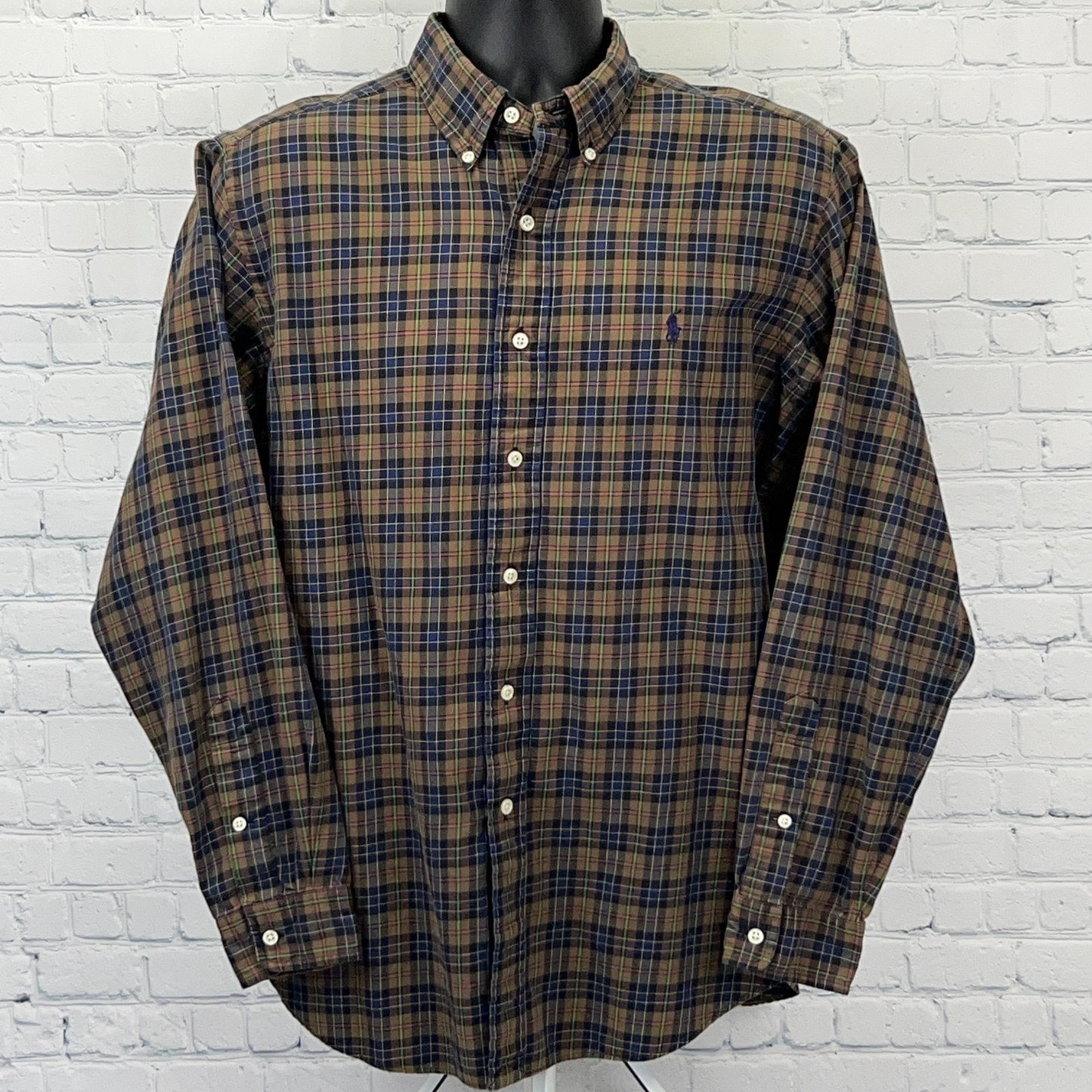Ralph Lauren Shirt Mens L Large Brown Navy Green Plaid Classic Fit Button Front