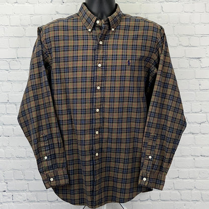 Ralph Lauren Shirt Mens L Large Brown Navy Green Plaid Classic Fit Button Front