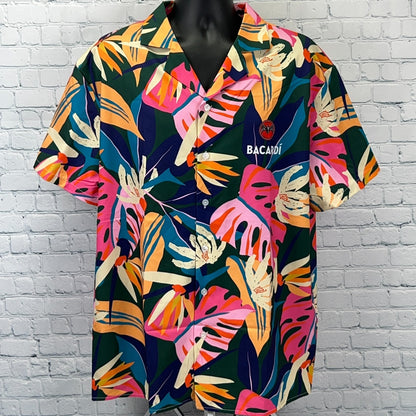 Bacardi Rum Hawaiian Camp Shirt Green Bat Logo Alcoholic Beverage Mens L Large