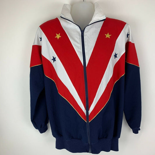 American Flag Vintage 80s Womens Track Jacket Windbreaker Made In USA 1X XL