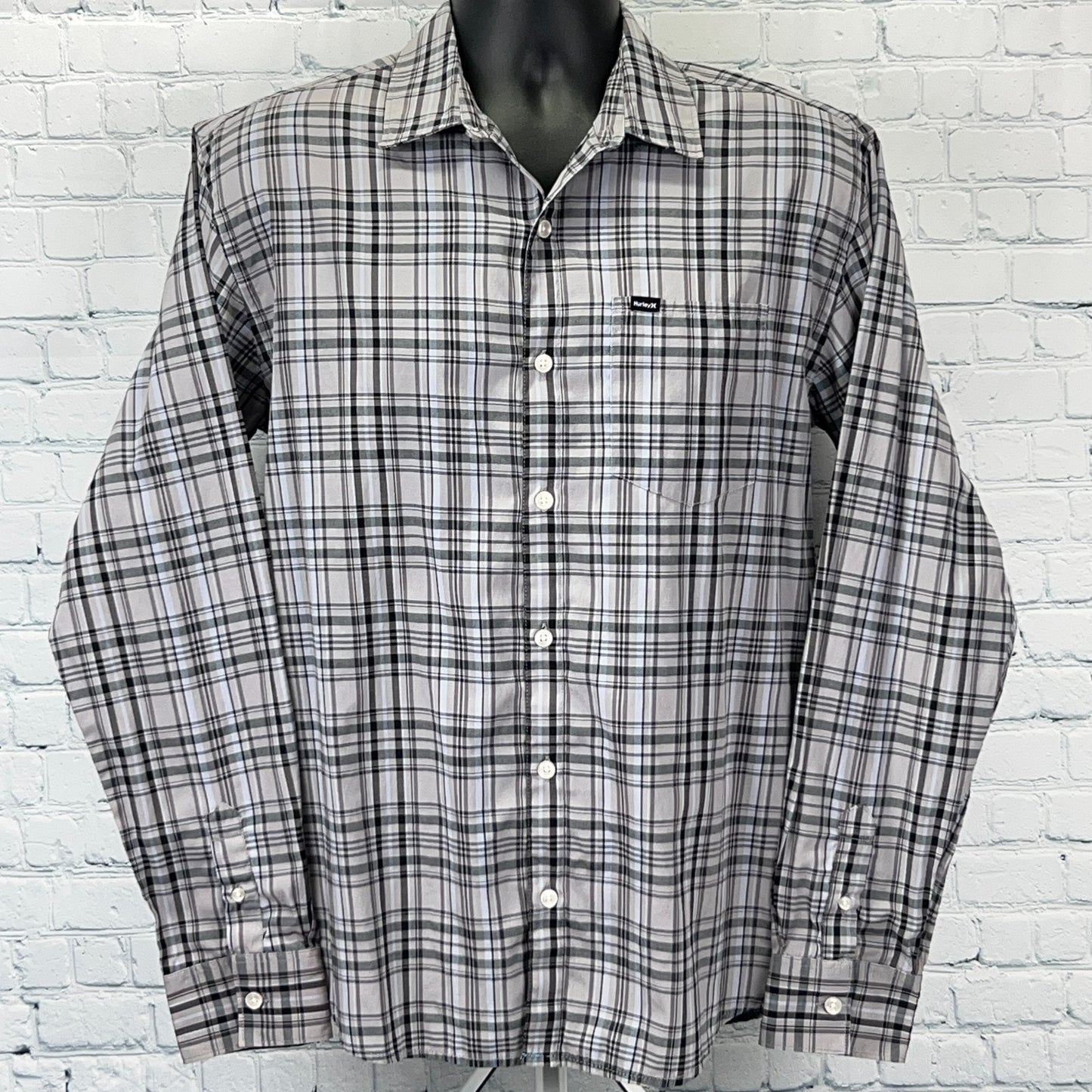 Hurley Plaid Button Front Shirt Gray Surfer Surfing Long Sleeve Mens M Medium