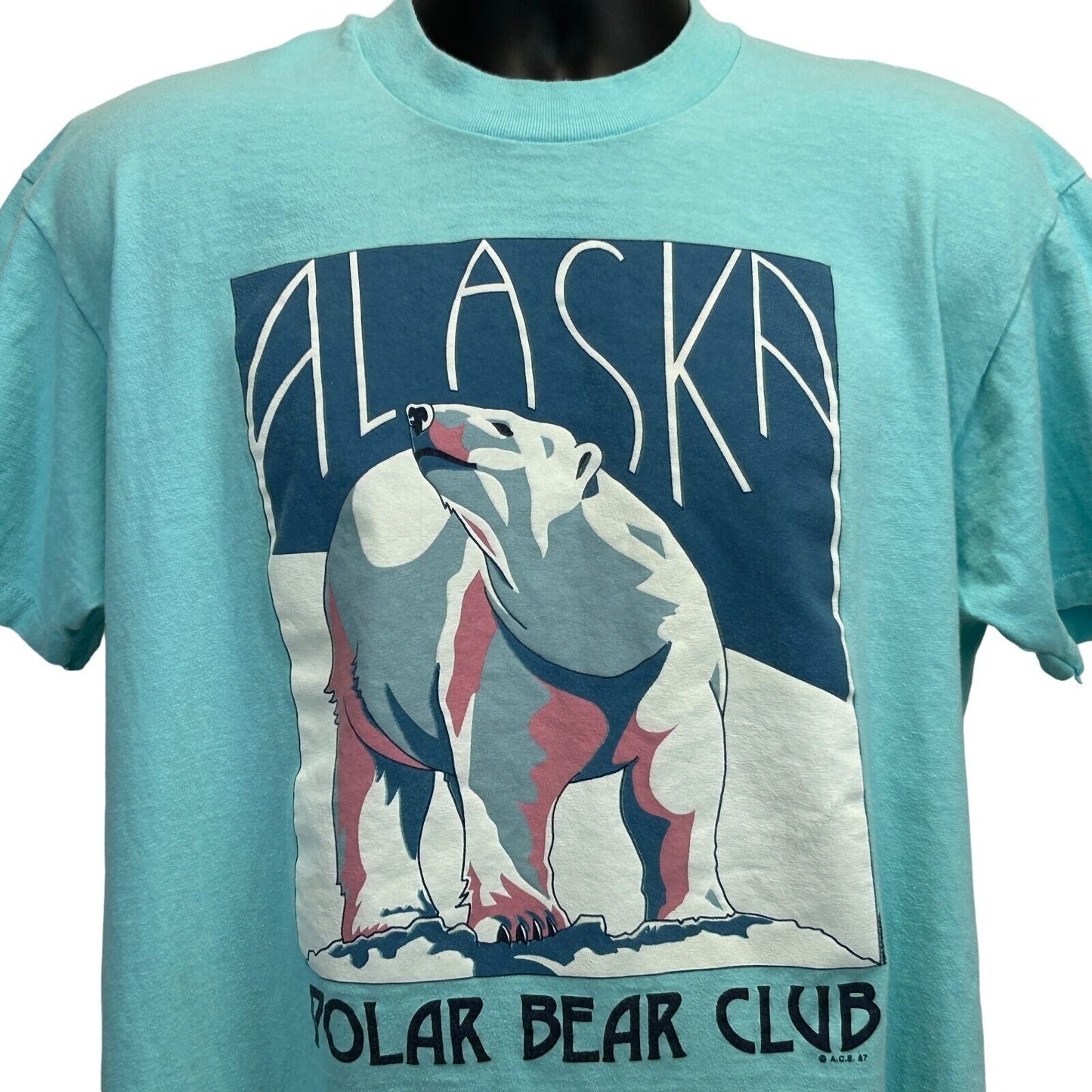 Vintage Alaska Polar Bear Club T Shirt Large 80s Made In USA Tee Mens Blue