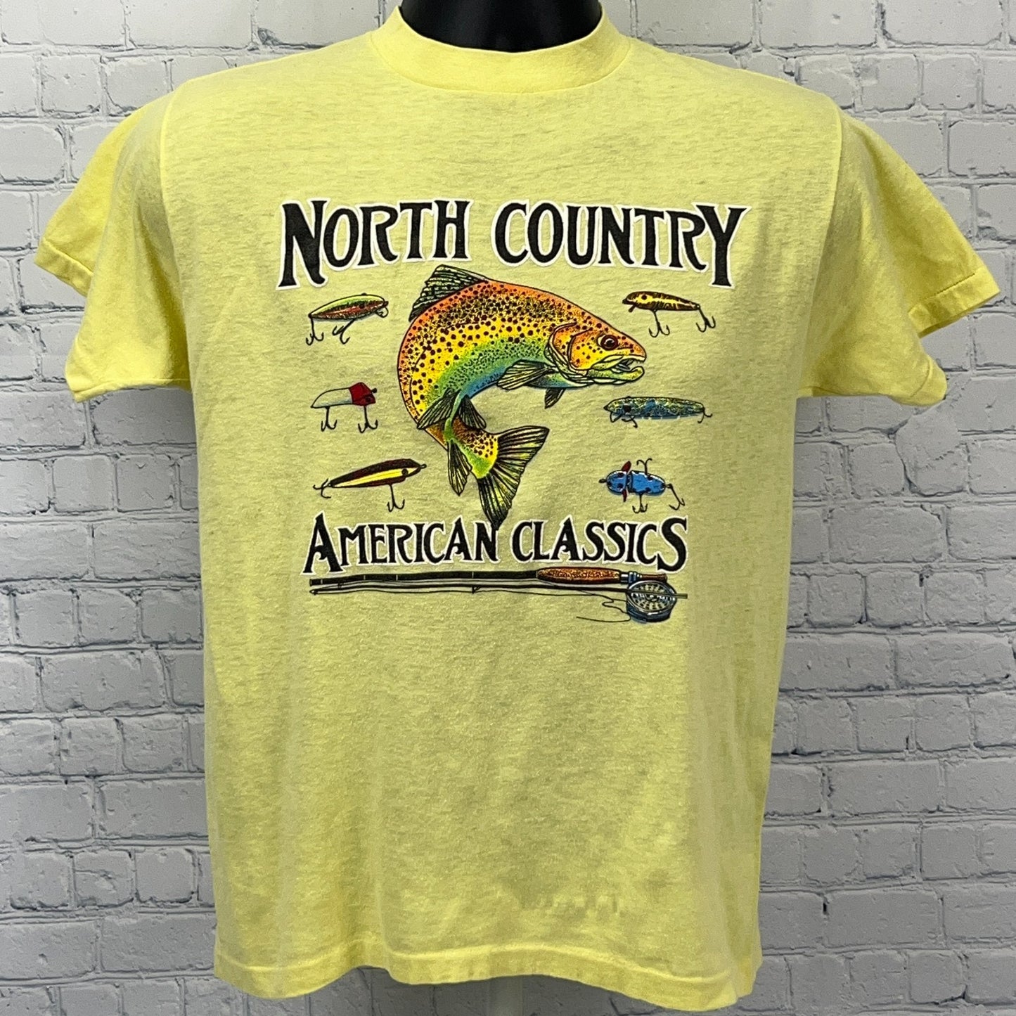 Vintage 80s North Country American Classics T Shirt Fishing USA Yellow S Small
