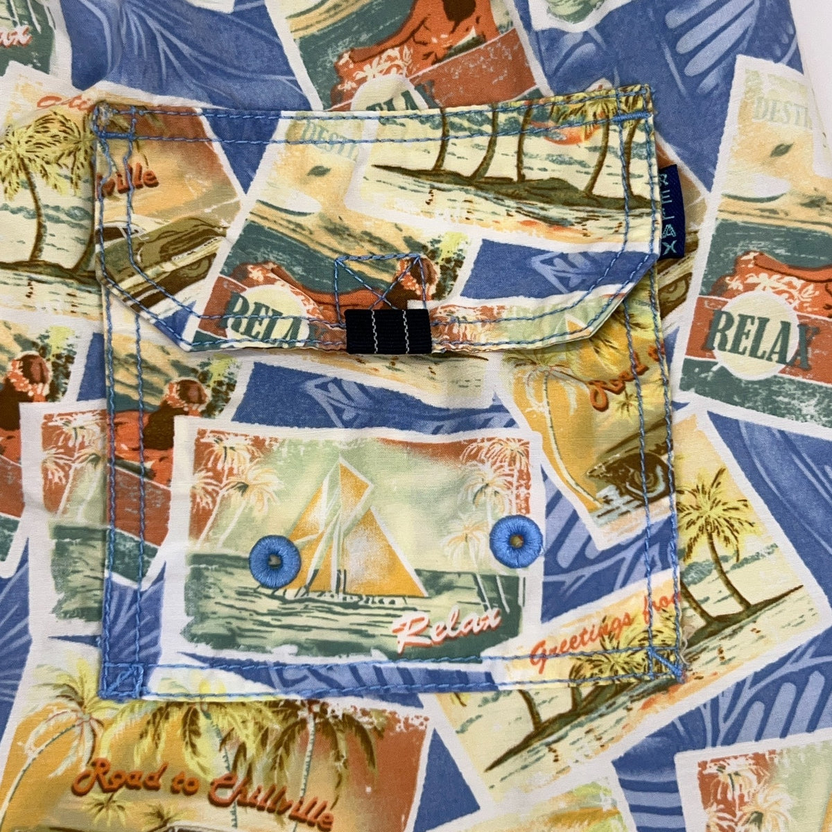 Tommy Bahama Relax Swim Trunks M Medium Blue Postcard Print Board Shorts Lined - Neon Vintage