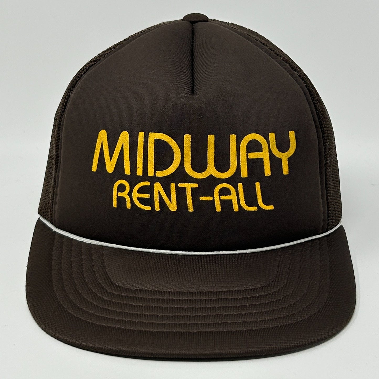 Vintage Midway Rent All Trucker Hat Cap Brown 80s Foam Front Mesh Snapback Rope