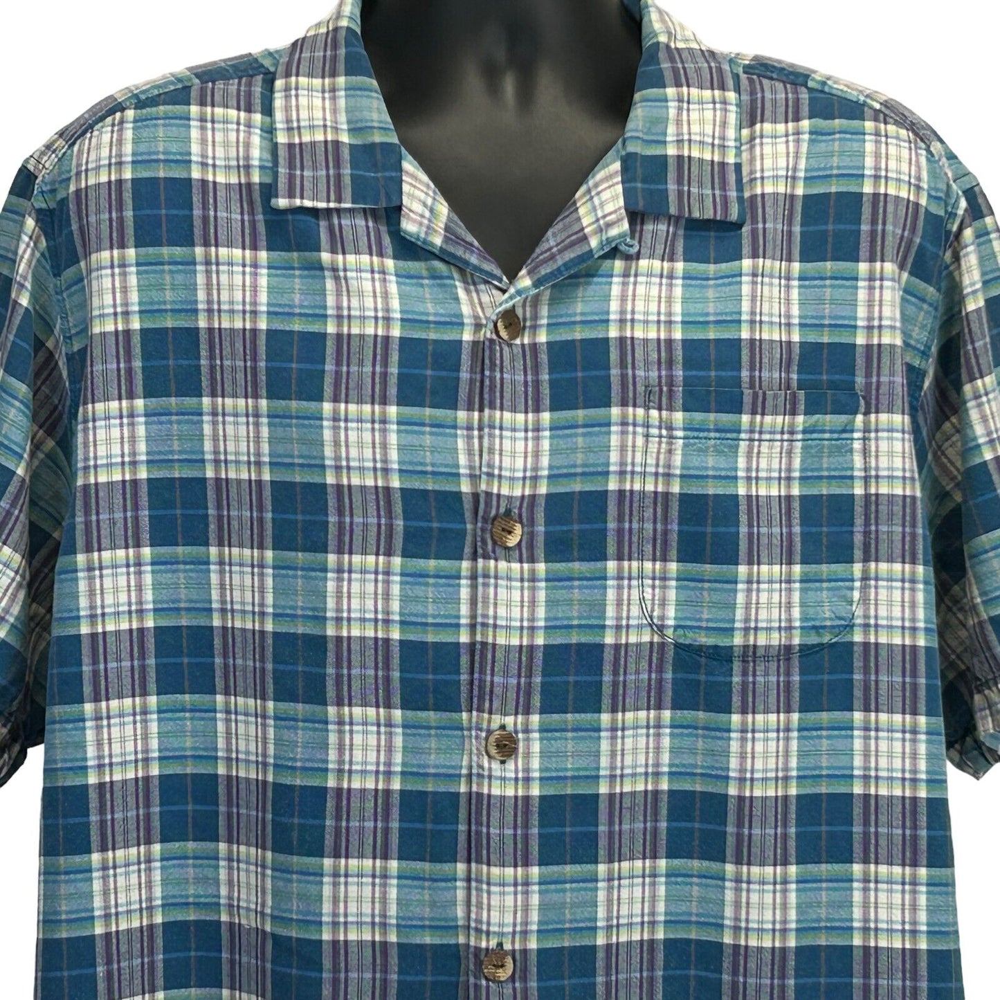 Tommy Bahama Silk Plaid Hawaiian Button Front Camp Shirt Blue Short Sleeve XL