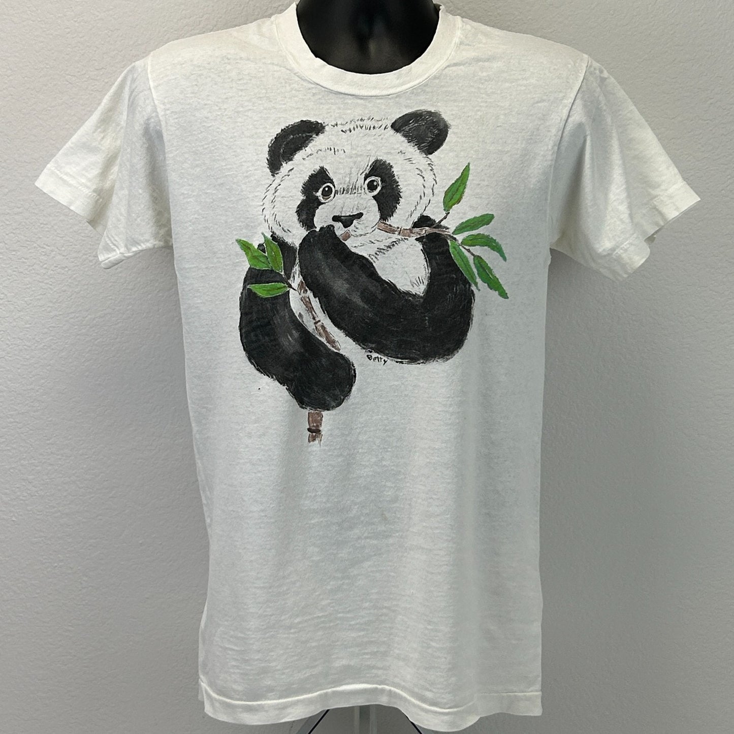Vintage 80s Distressed Giant Panda Bear T Shirt Hand Painted White Tee S Small