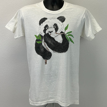 Vintage 80s Distressed Giant Panda Bear T Shirt Hand Painted White Tee S Small