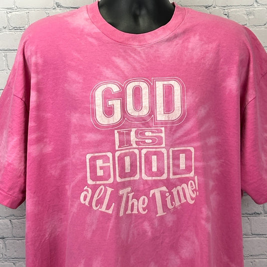 Front view of a pink Vintage T Shirt with the text 'God is Good All The Time!' in bold lettering
