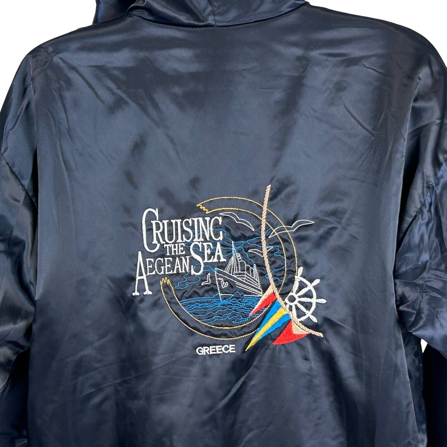 Cruising The Aegean Sea Womens Vintage 90s Satin Jacket XL X-Large Blue Greece