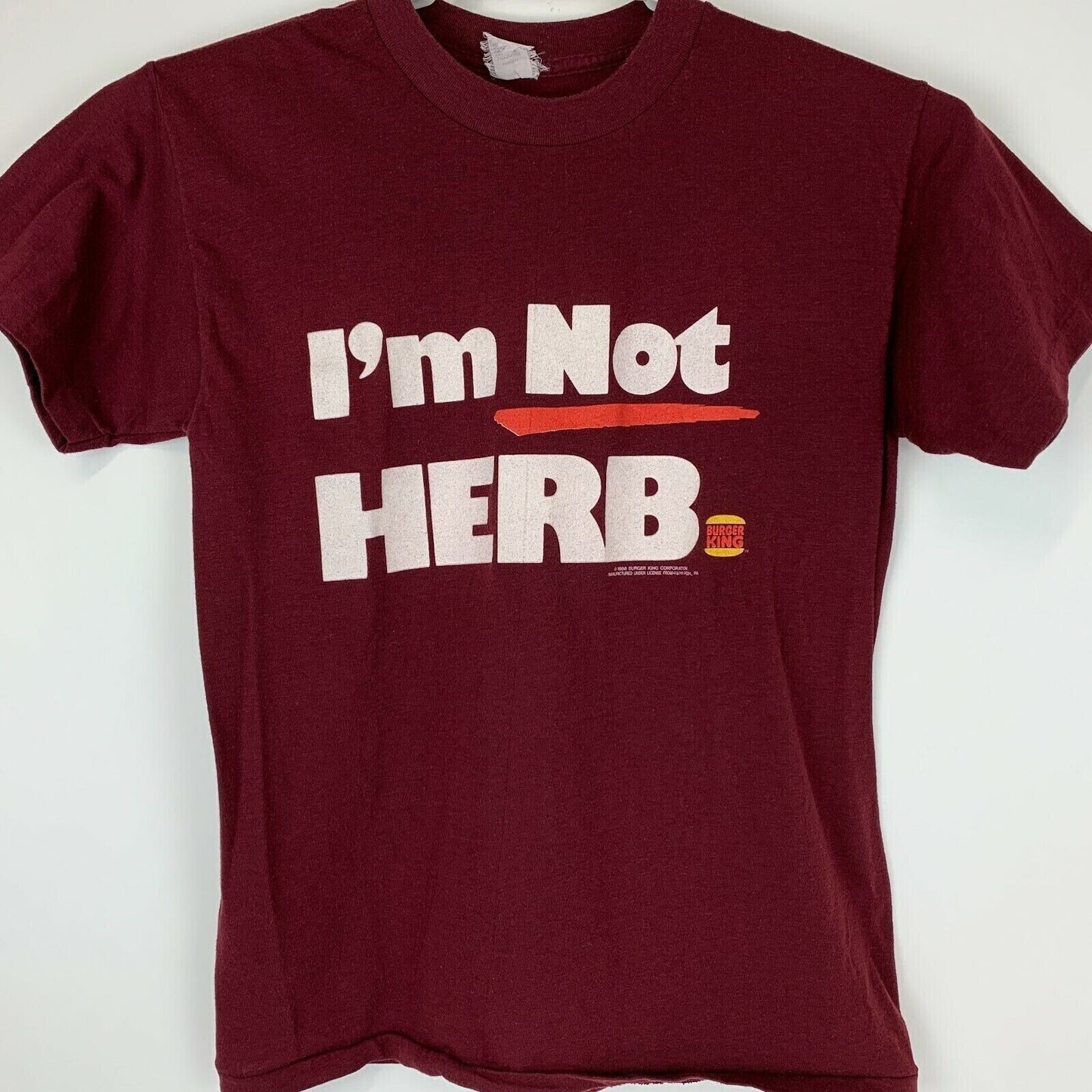 Camiseta vintage de Burger King I'm Not Herb, años 80, concurso Where's Herb, para hombre, color rojo