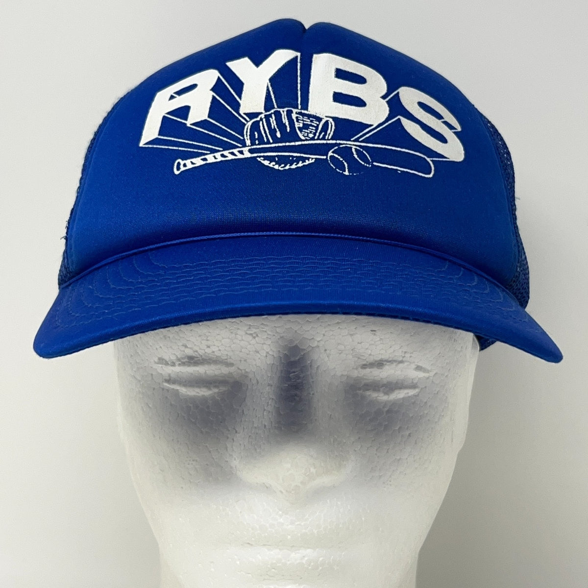 Vintage 80s RYBS Trucker Hat Baseball Cap Foam Front 5 Panel Mesh Snapback Blue
