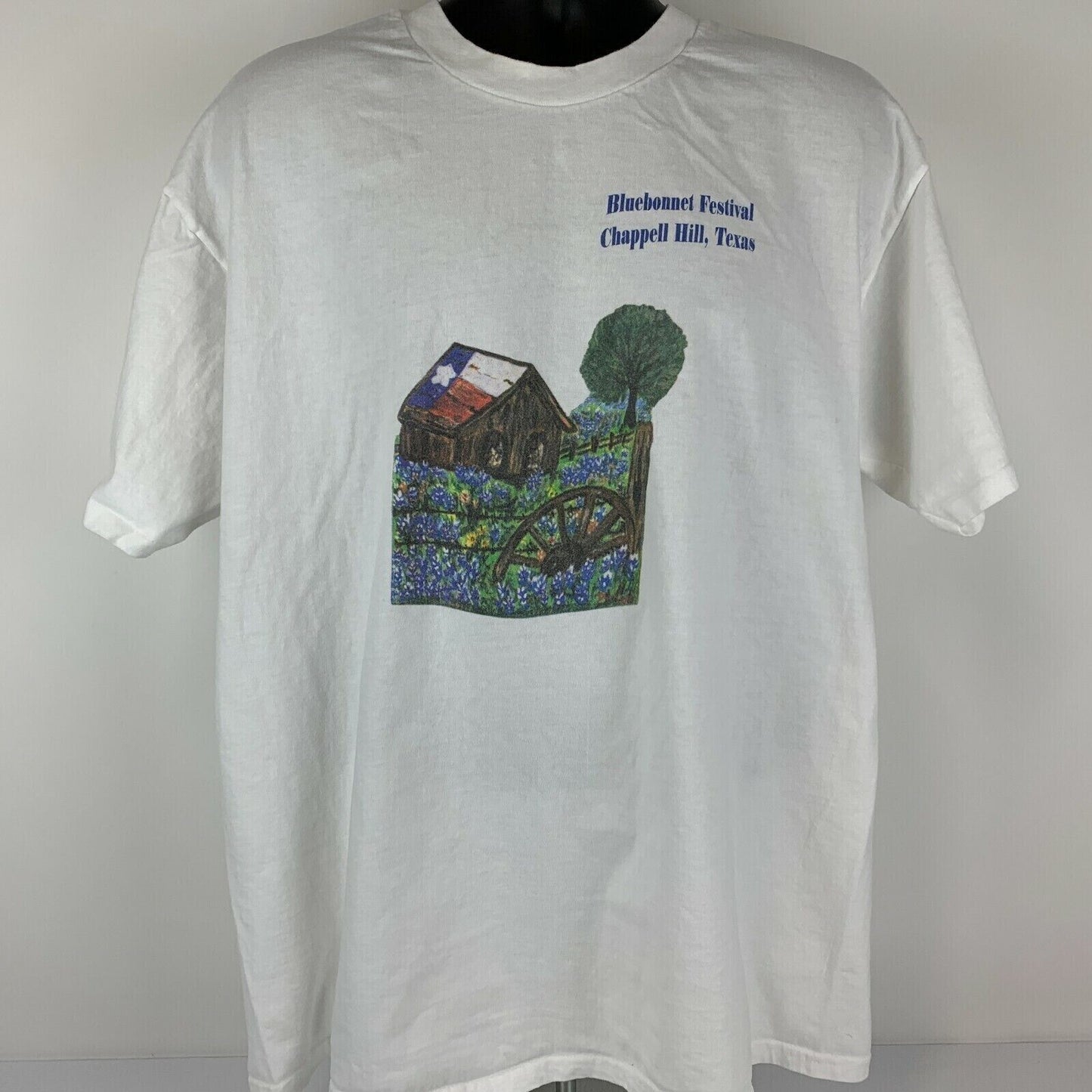 Camiseta vintage de los años 90 del festival Bluebonnet, talla extragrande, Chappell Hill, Texas, para hombre, color blanco