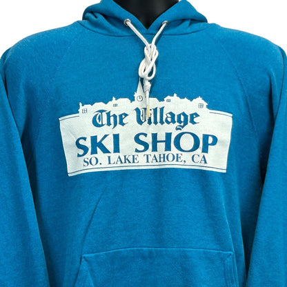 Vintage The Village Ski Shop Hoodie Medium Lake Tahoe Snowboard Skiing Mens Blue