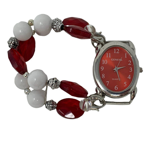 Reloj Geneva para mujer, pulsera con cuentas rojas, pulsera redonda de cuarzo, cierre analógico
