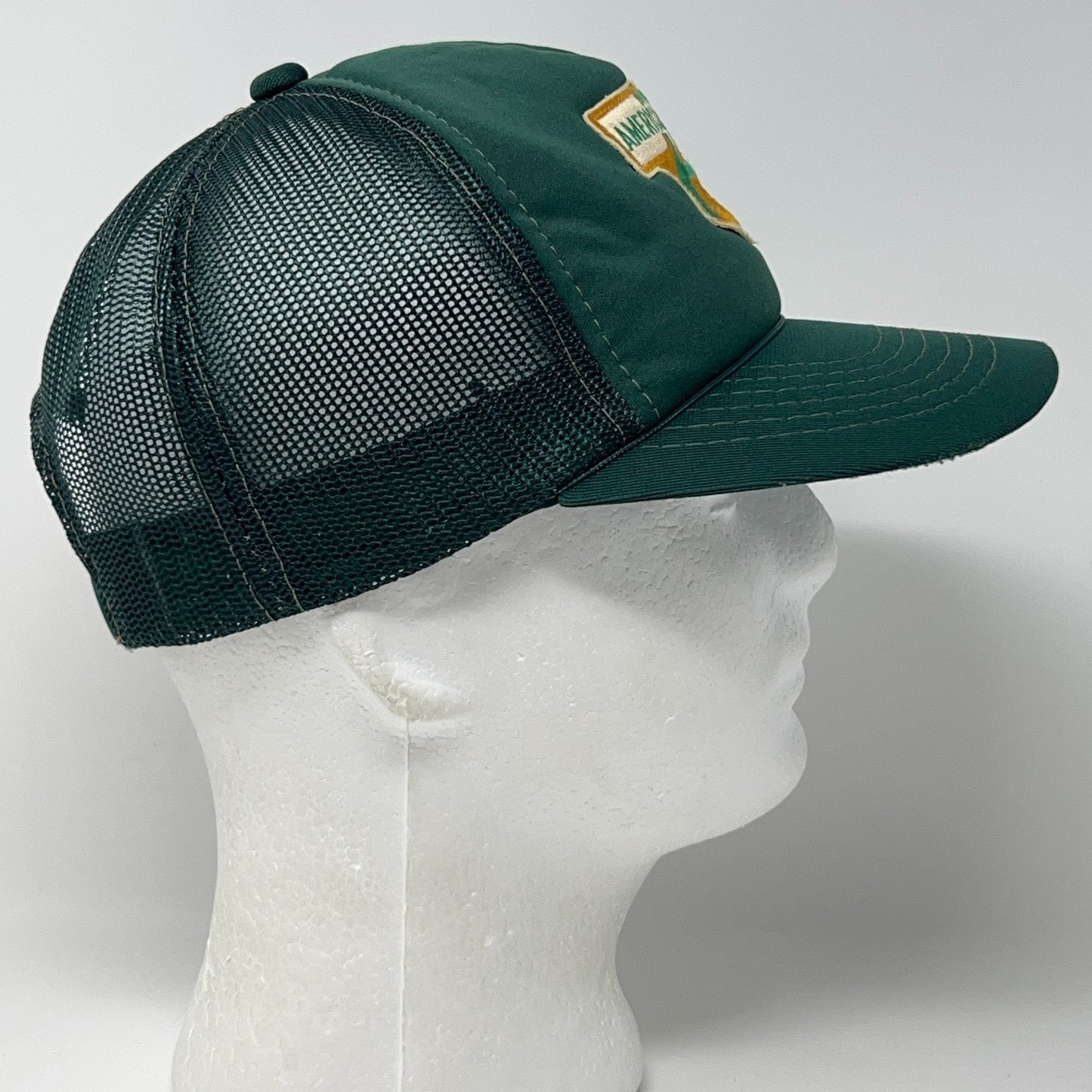 Vintage 80s American Linen Trucker Hat Baseball Cap 5 Panel Mesh Snapback Green