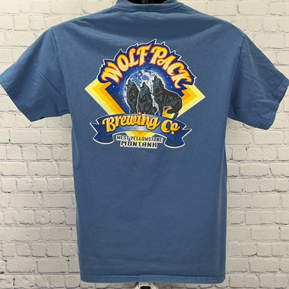 Vintage Y2Ks Wolf Pack Brewing Co T Shirt Yellowstone Montana Beer Blue M Medium