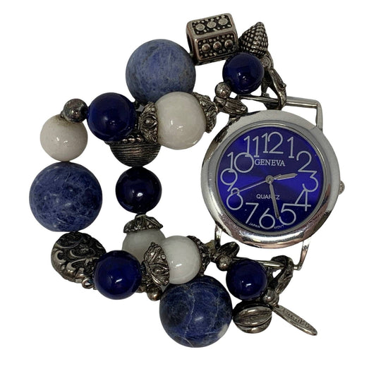 Geneva Reloj analógico con cuentas para mujer, tono plateado, azul, movimiento japonés analógico
