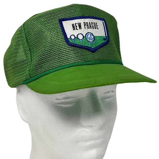 Vintage 80s New Prague Golf Club Trucker Hat Cap Green Golfer Golfing Full Mesh