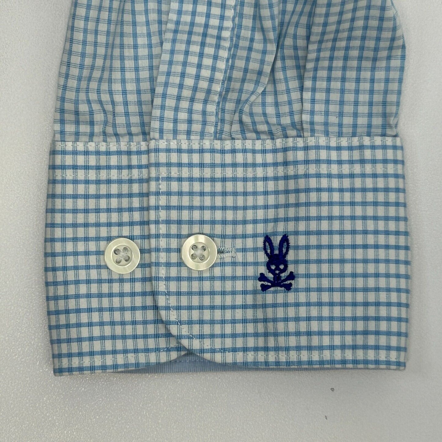 Camisa de vestir con botones al frente de Psycho Bunny, talla grande 16 1/2 32-33, a cuadros, para hombre, azul