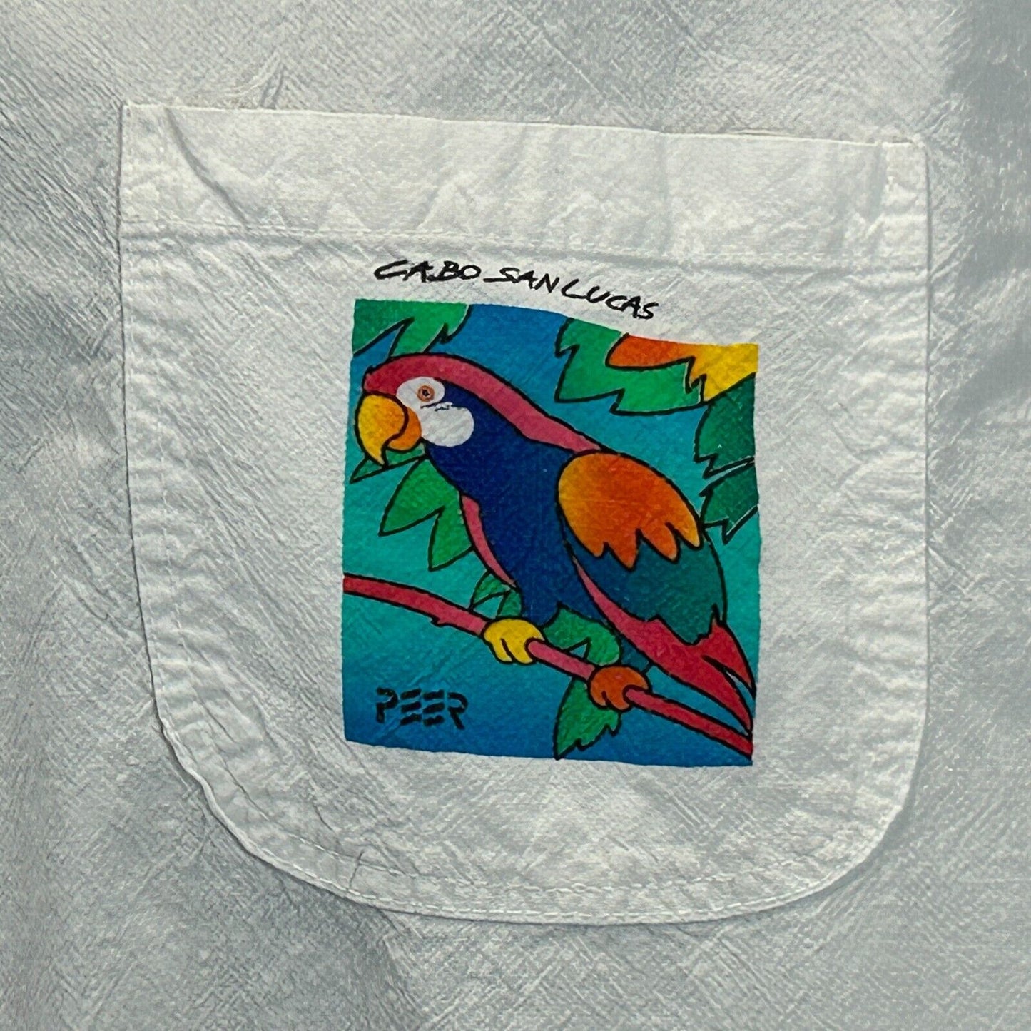 Cabo San Lucas Mexico Parrot Vintage Button Front Shirt Medium 90s Mens White