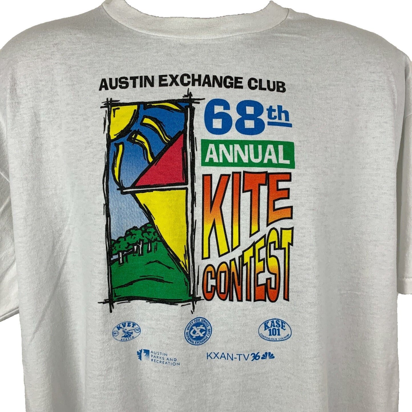 Camiseta vintage de los años 90 del concurso de cometas ABC de Austin, Texas, talla XL, para festivales, para hombre, color blanco