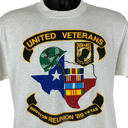 Camiseta vintage de los años 80 de la United Veterans Reunion Texas, talla mediana, para hombre, color blanco