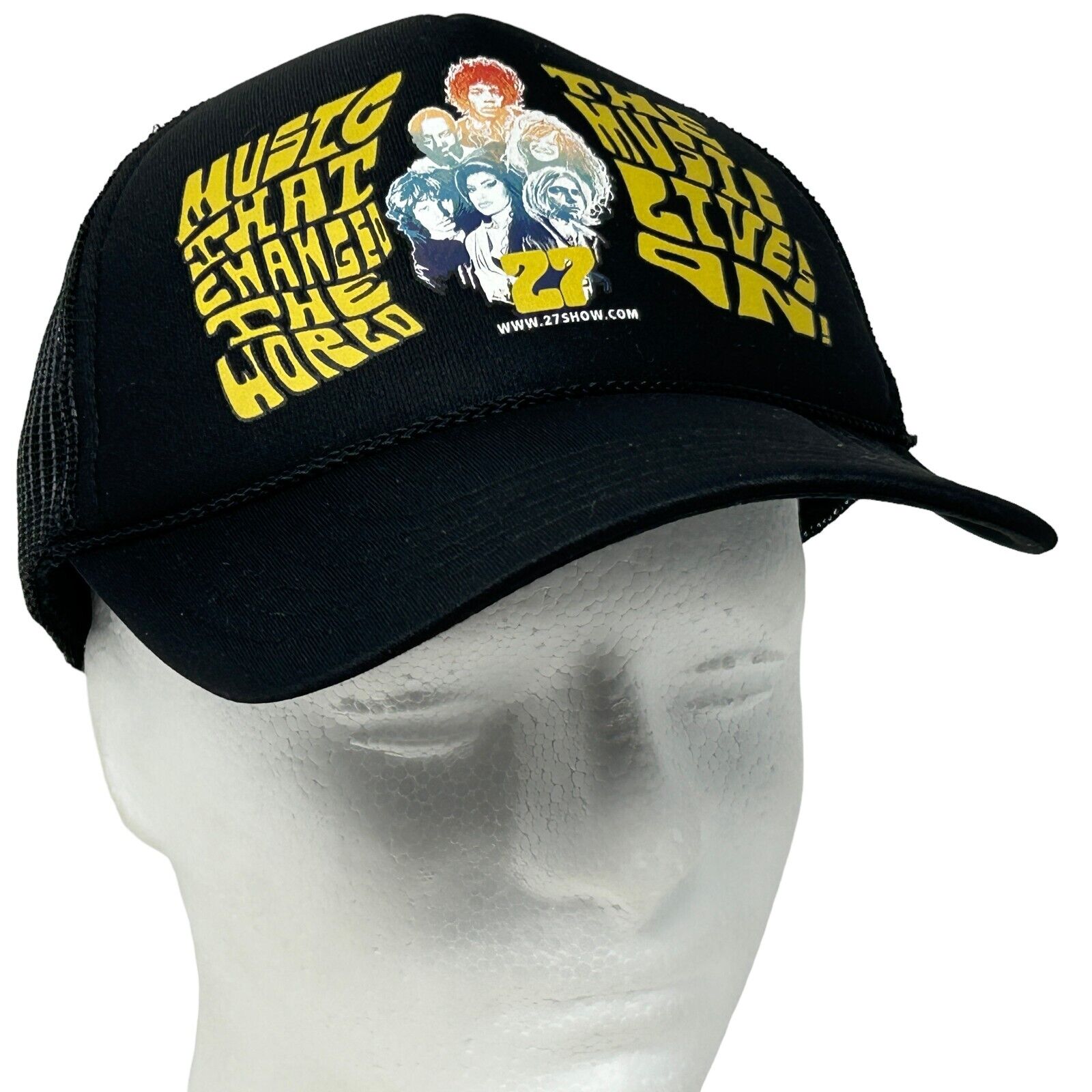 Black Otto 27 Club Trucker Hat featuring music icons and bold lettering on the front