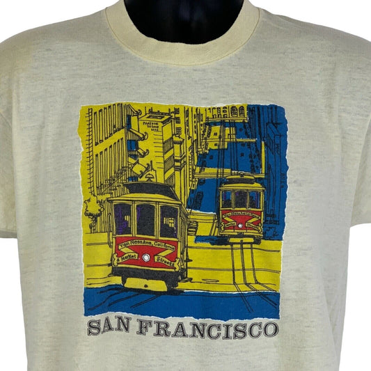 San Francisco Streetcars Vintage 80s T Shirt Medium Tourist Travel Mens Yellow