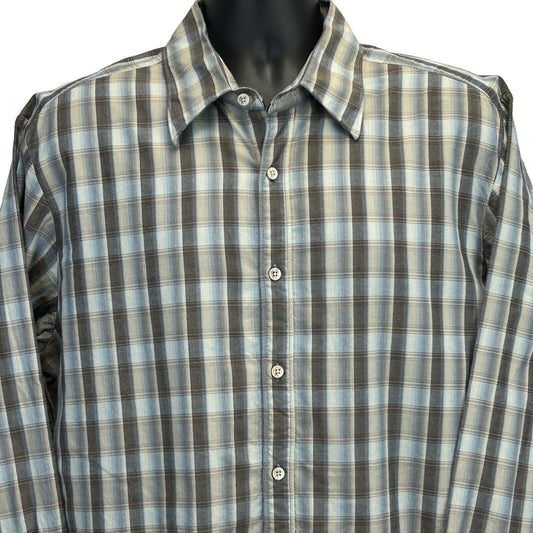 Tommy Bahama Plaid Button Front Shirt Beige Blue Indigo Palms Long Sleeve XL