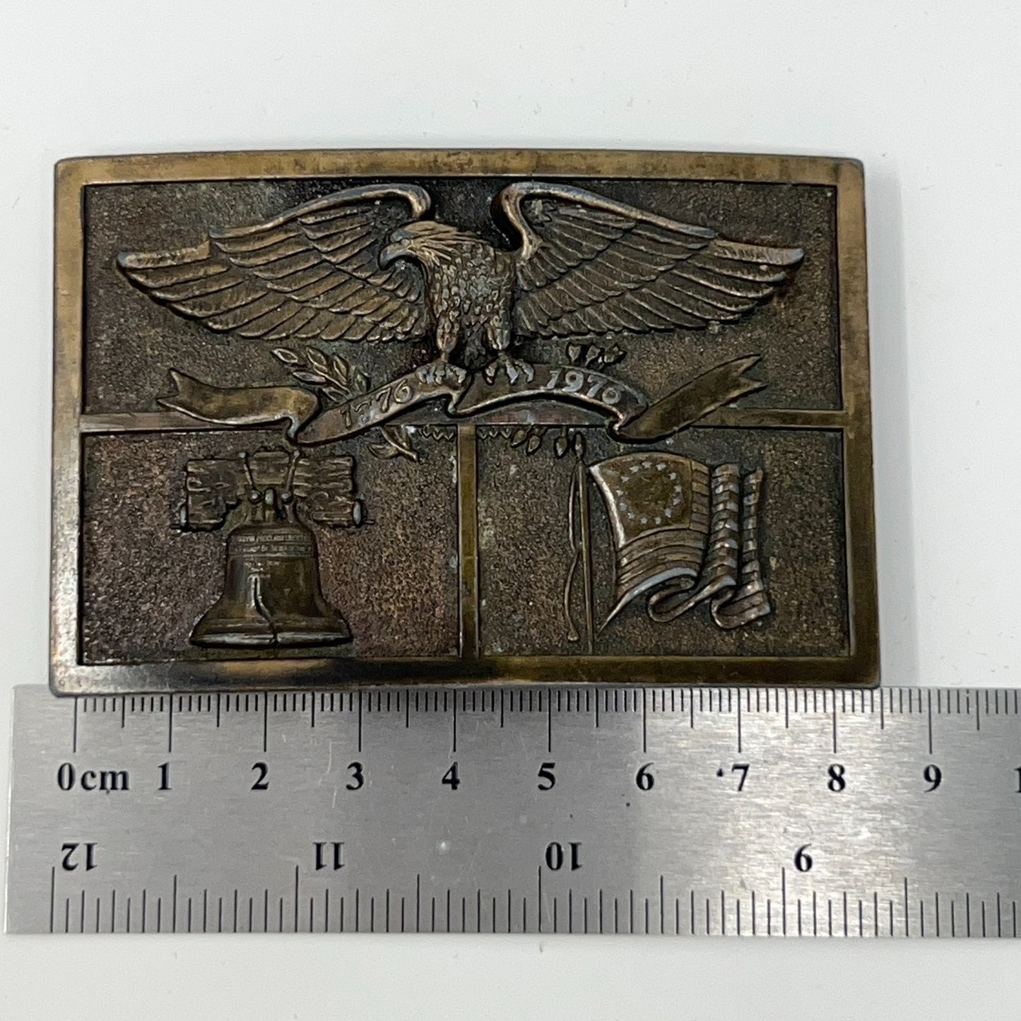 Vintage 1976 Bicentennial Bald Eagle Flag Bell Belt Buckle American Heritage USA