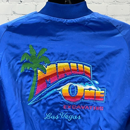 Vintage Maui One Excavating Las Vegas Satin Bomber Jacket L Large USA Made Blue