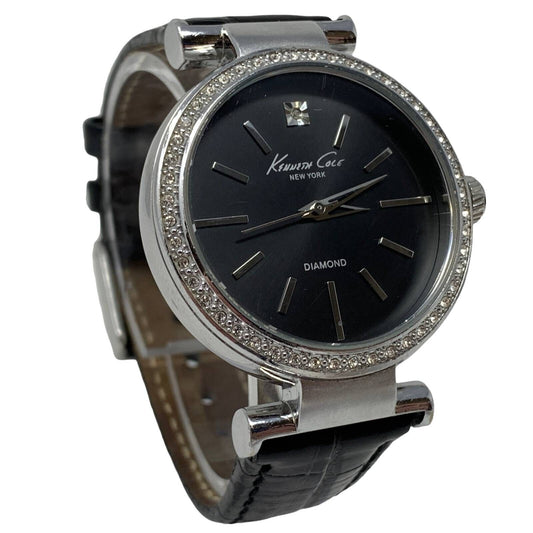 Kenneth Cole Diamond Reloj de pulsera para mujer Banda de cuero negro Esfera redonda de 12 horas