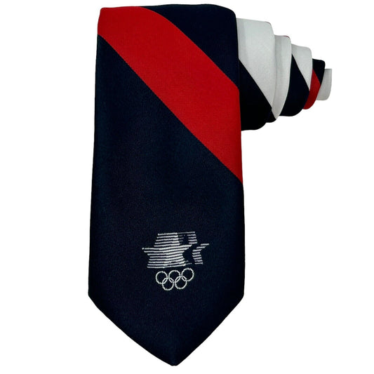 US Olympics Vintage 80s Tie Summer Games Striped Made In USA Necktie Mens Blue