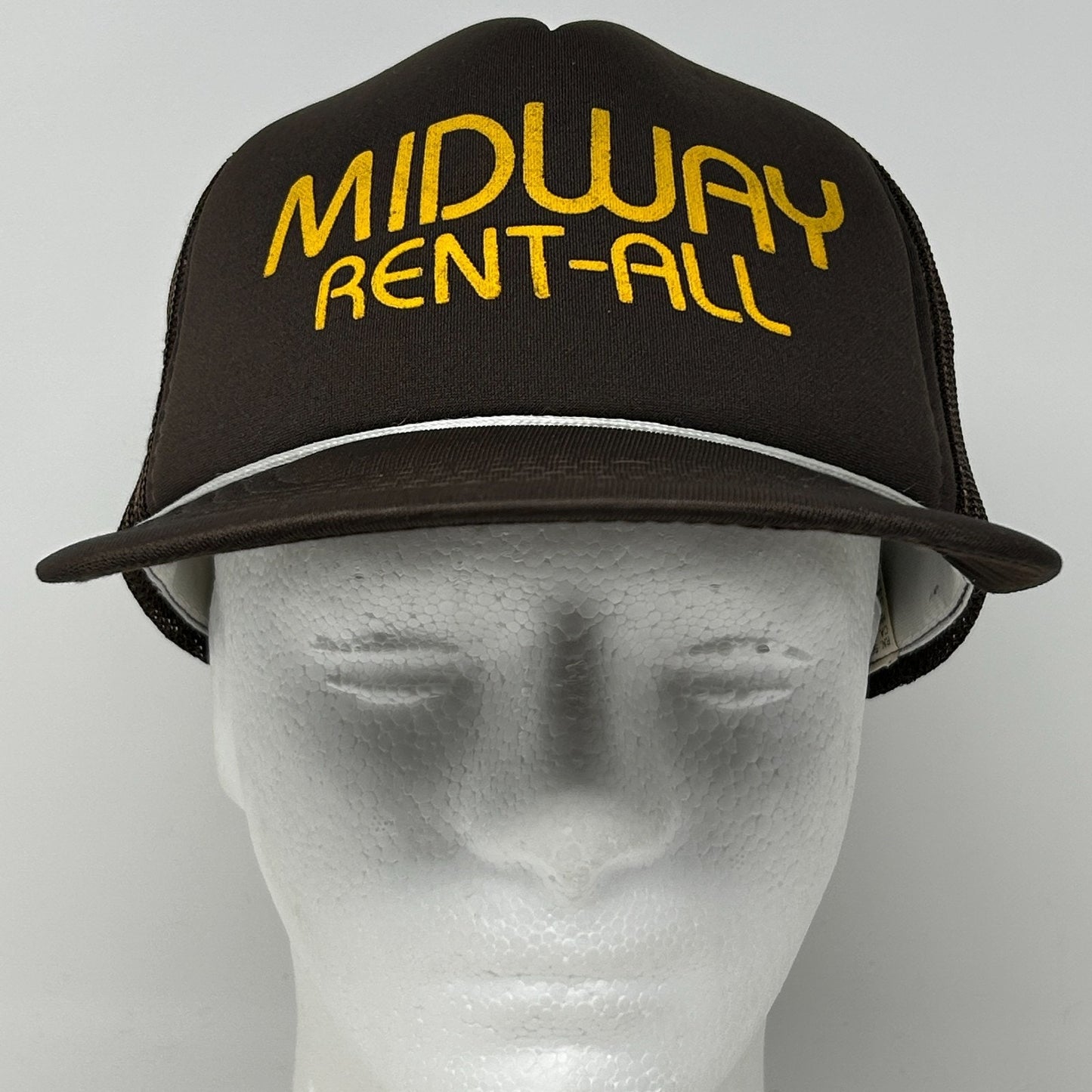 Vintage Midway Rent All Trucker Hat Cap Brown 80s Foam Front Mesh Snapback Rope