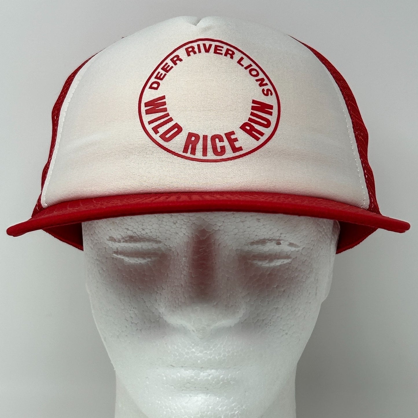 Vintage Deer River Lions Club Wild Rice Run Trucker Hat Cap Red 80s Snapback USA