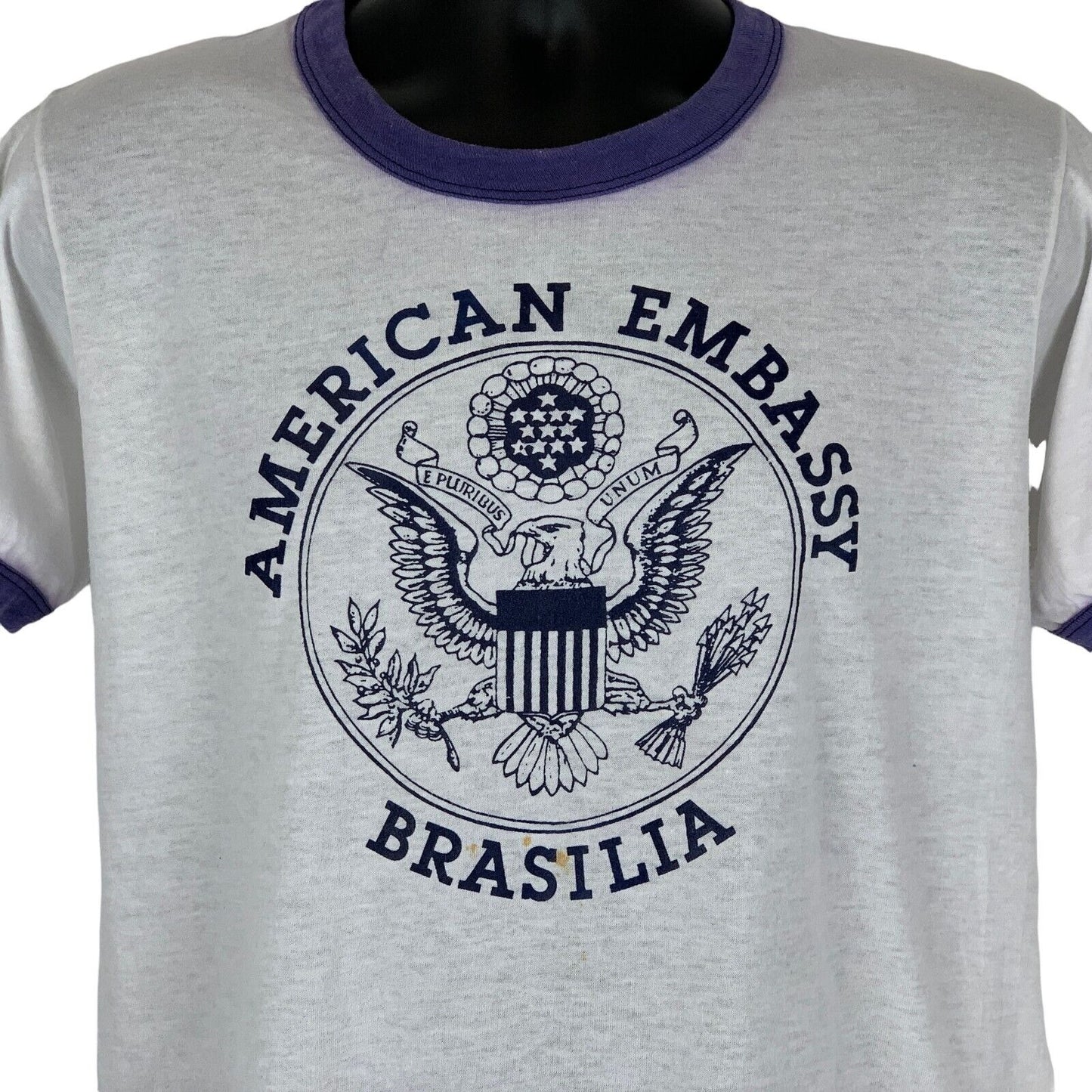 American Embassy Brasilia Vintage Ringer T Shirt Medium 80s Brazil US Mens White