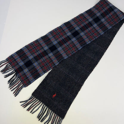 Polo Ralph Lauren Reversible Wool Scarf Gray Blue Red Plaid Pony Italy Made 8x64