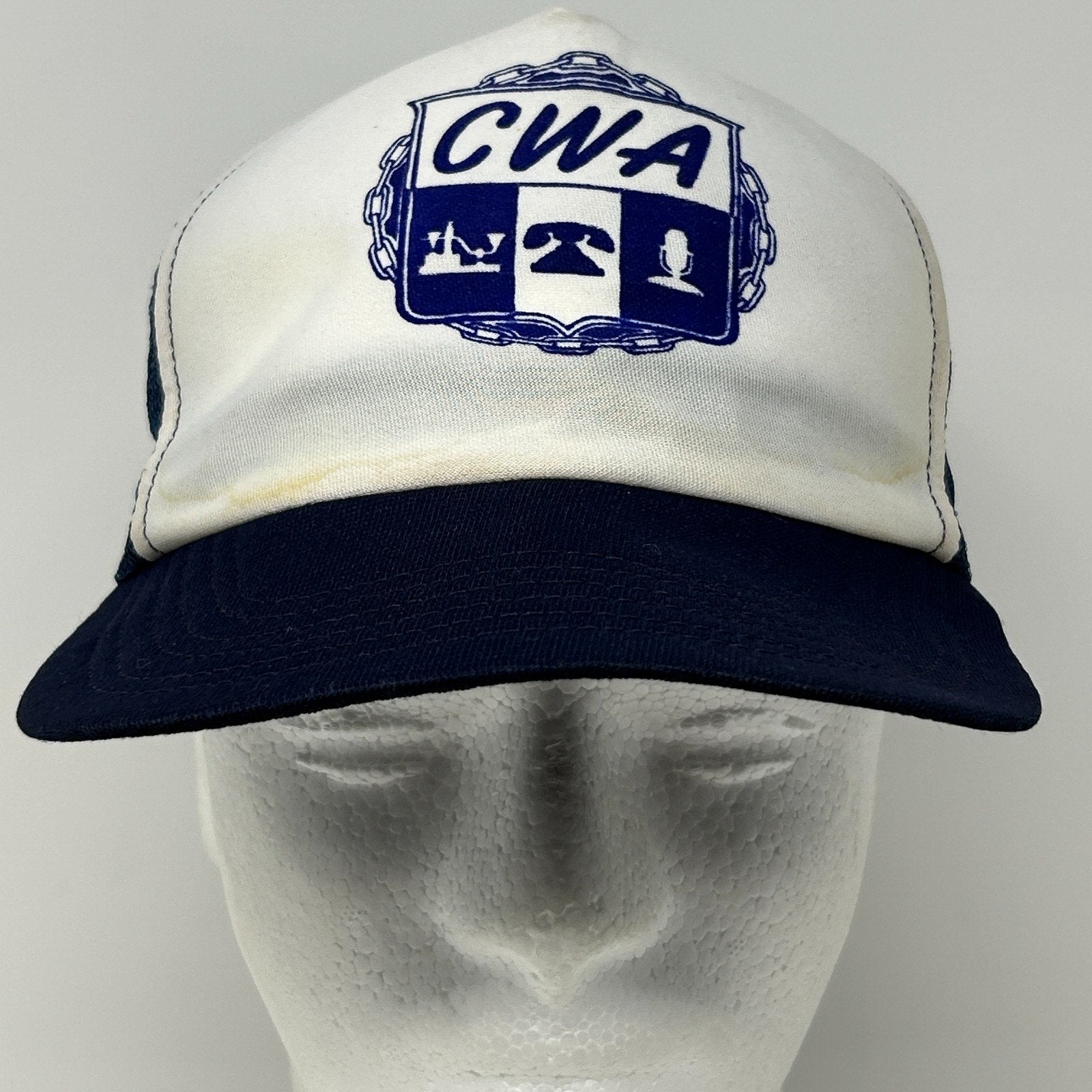 Vintage 80s CWA Communications Workers Trucker Hat Baseball Cap Snapback Blue - Neon Vintage
