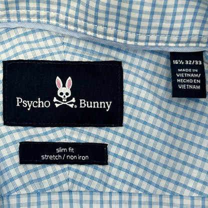 Psycho Bunny Button Front Dress Shirt Large 16 1/2 32-33 Checkered Mens Blue