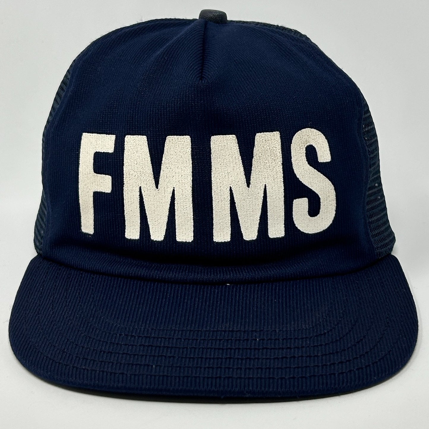 Vintage 90s FMMS Trucker Hat Baseball Cap Made In USA Mesh Snapback Navy Blue